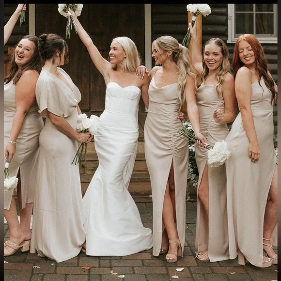 Jennings Cowl-Neck Ruched Side-Slit Satin Gown - Picture 4 of 5